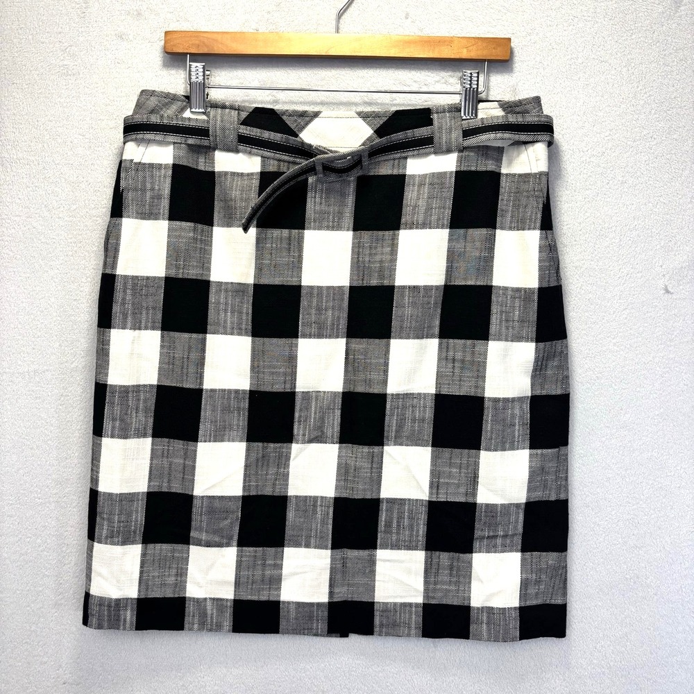 Talbots Buffalo Plaid Belted Pencil Skirt Womens 12 Black White Lined Preppy
